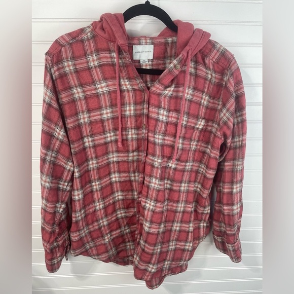 American Eagle Pink Plaid Hooded Button Front Sweatshirt Hoodie Large Girls GUC - Picture 10 of 11